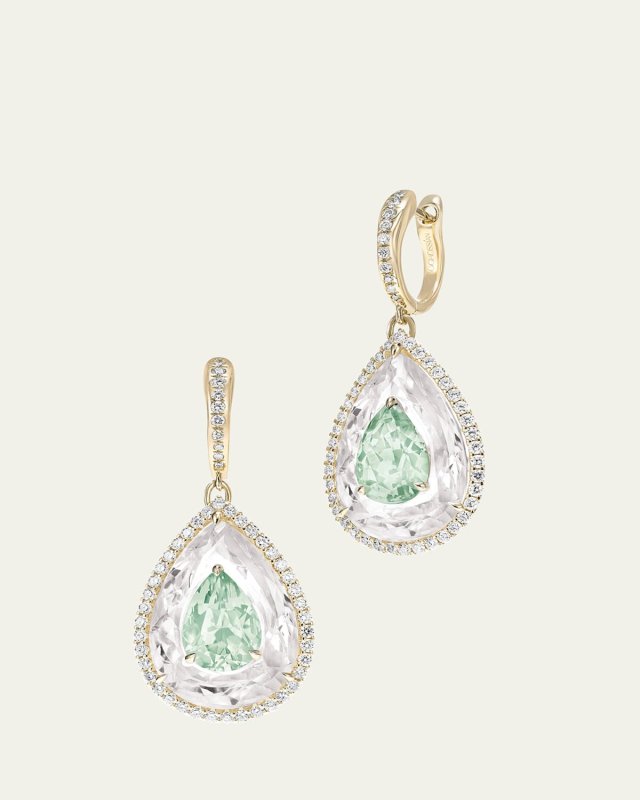 Inlay Shine 18K Gold Small Green Tourmaline and Rock Crystal Earrings